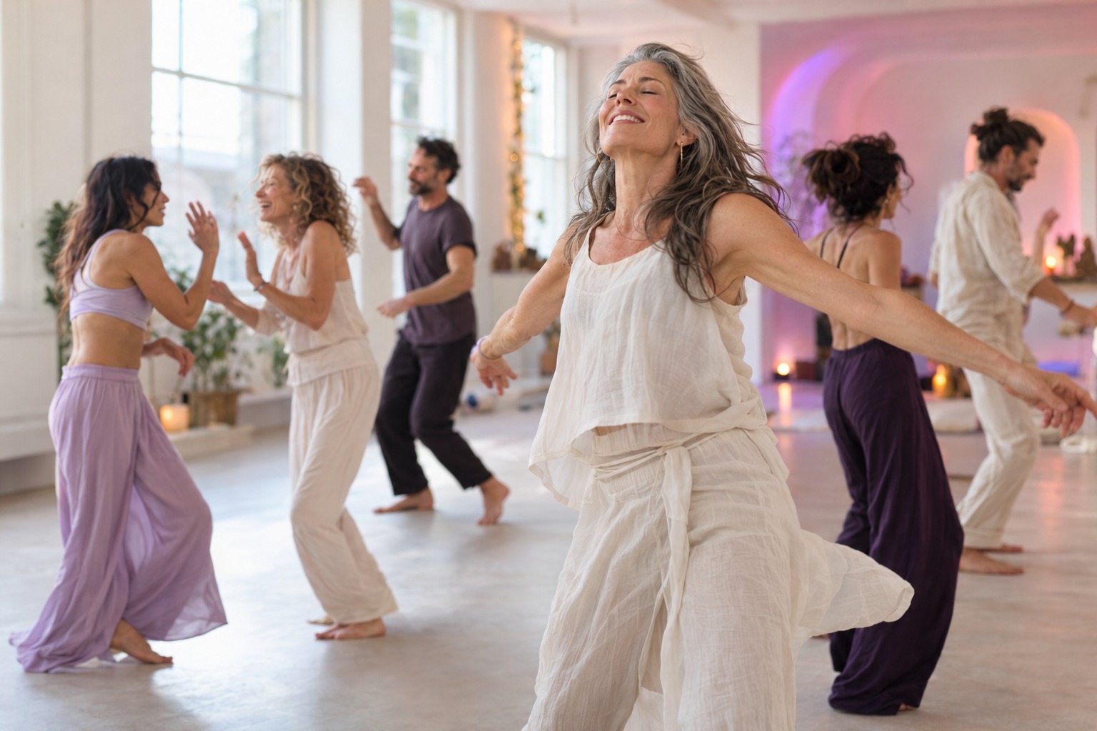 A woman with silver hair dancing freely with her arms open during a movement workshop